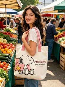 SNOOPY 1pc Printed Yellow Canvas Tote Bag, Large Capacity, Suitable For Travel, Shopping And Daily Life, Ideal Gift For Birthday, Valentine's Day, Back To School And Graduation - A - View 4