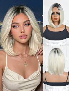 FIVE STARS Elegant Mid-Length Straight Wig With Bangs - Rose Net Cap, Heat-Resistant Synthetic Fiber, Wigs For Women,For Daily,Party,Cosplay,Halloween HOT - Multicolor - View 2