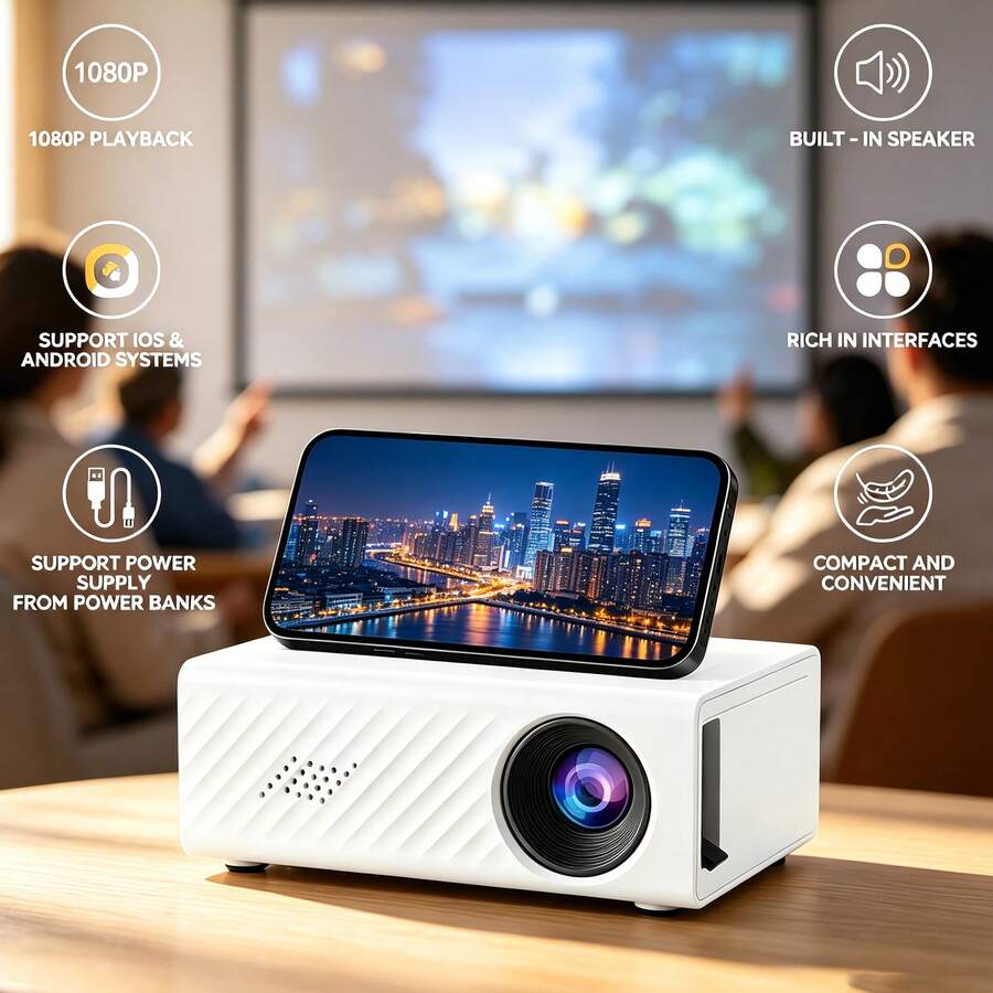 Portable Mini LCD Projector, Supports 1080P Full HD Wired Screen Mirroring, 32 To 100 Inch Adjustable Projection Screen, Built-In Stereo Sound And Equipped With Remote Control, Featuring USB, Audio Multi-Interfaces, Compatible With Phones, Laptops, USB Drives, Game Consoles, Suitable For Home Theater, Dorm, Travel And Outdoor Movie Watching