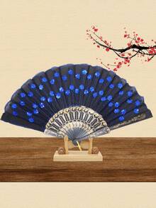 1Pc D EXCEED Lace Spanish Fan, Handheld Chinese Folding Hand Fan For Women Spanish Flamenco Gift With Embroidered Sequin Photo Prop Prom Wedding Decor - A - View 17