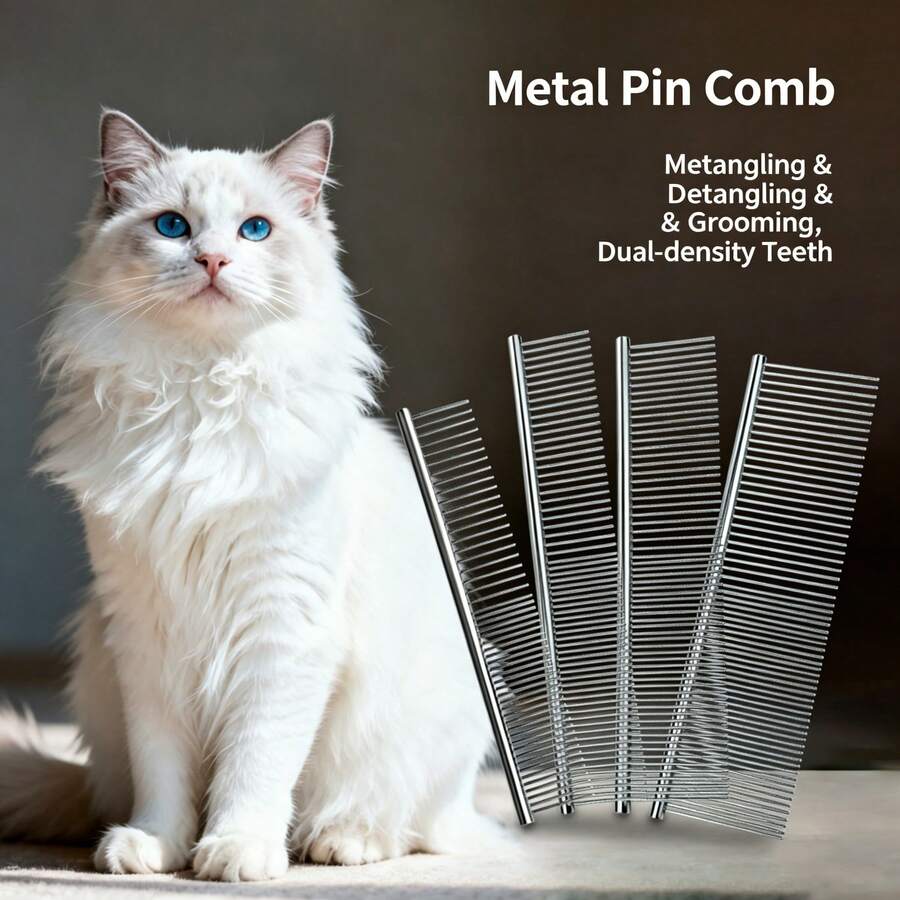 1pc Heavy Duty Professional Cat & Dog Universal Comb - Stainless Steel Dense Tooth Design, Suitable For Long, Thick Curly Or Straight Hair - Friction-Reducing Design, Ideal For Professional And Home Use - Perfect Choice For Pomeranian, Samoyed, Afghan Hound - Durable Pet Grooming Tool, Comfortable Handle Comb, Suitable For Deshedding And Trimming