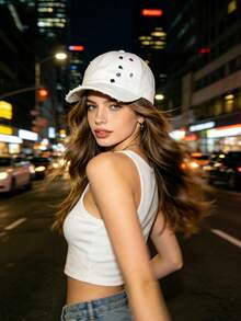 1pc New Korean Style Distressed Baseball Cap For Women, Spring/Summer Sun Protection Rhinestone Sun Hat, Versatile Soft Top Baseball Cap, Makes Face Look Smaller - Multicolor - View 2