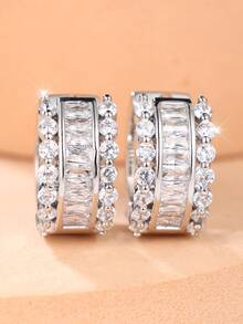 1 Pair Durable Full Rhinestone Wide Earrings - Luxury Elegant Choice, Suitable For Commute, Evening Party And Daily Wear - Silver - View 2