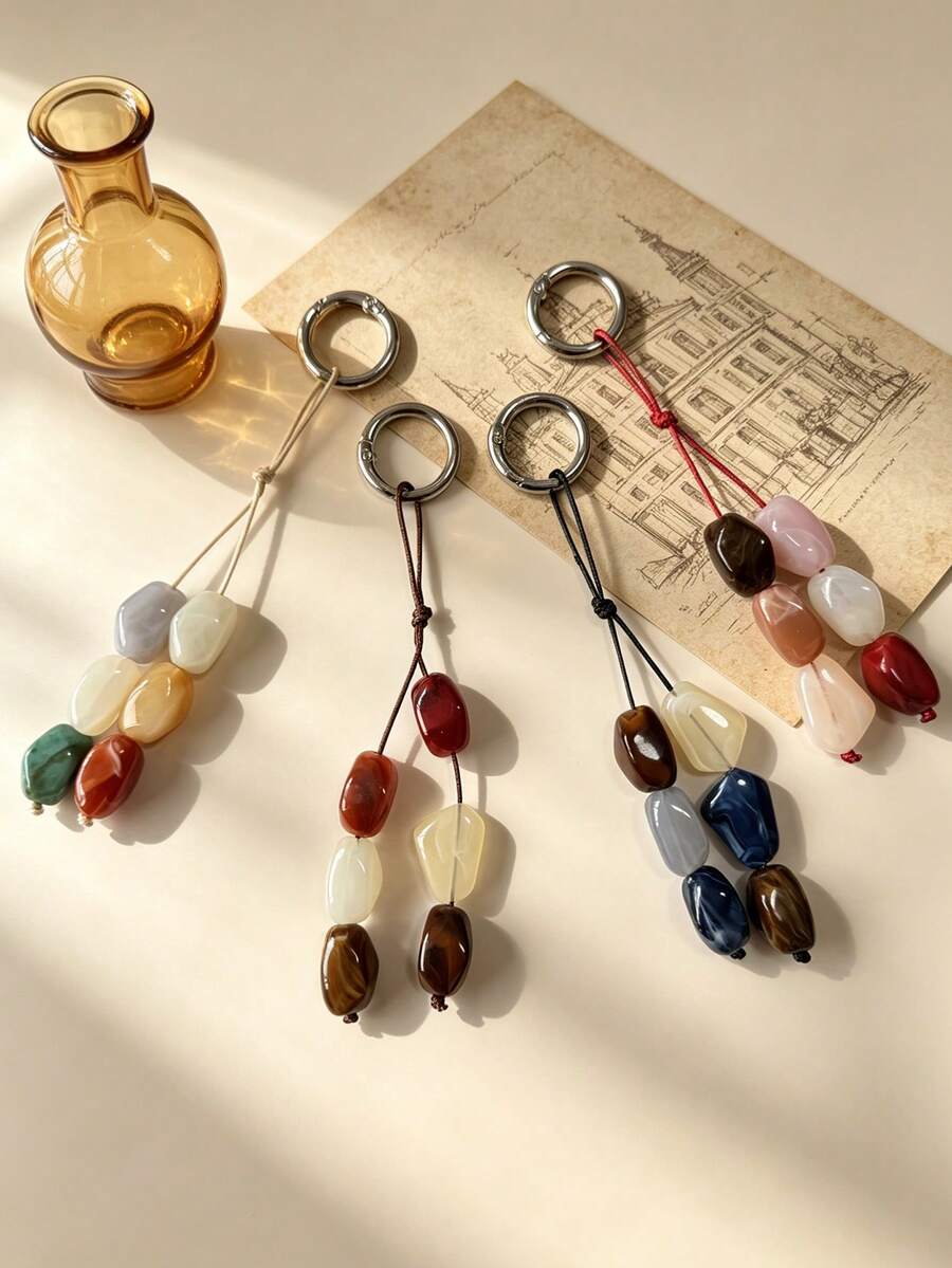1pc Colorful Asymmetrical Acrylic Beaded Handmade Woven Lanyard Keychain, Also Suitable For Wallet, Handbag And Other Bag Decoration Pendant, Excellent Gift, Exquisite Beaded Decorative Accessory - Multicolor - View 1