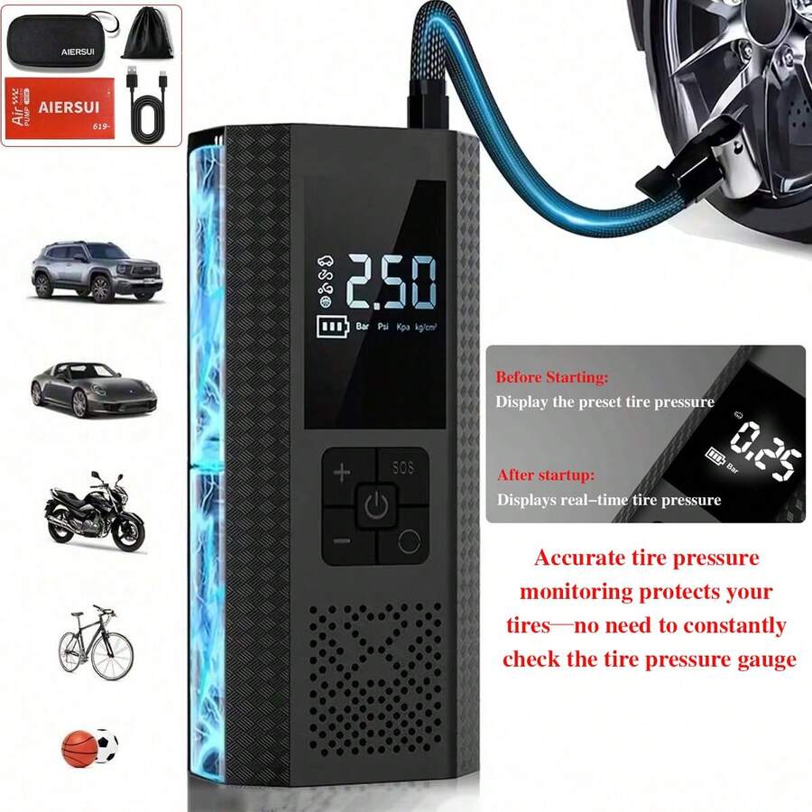 7.4V 1500mAh 便携式轮胎充气泵 - 车载空气压缩机，带数字压力表、LED 指示灯和自动断电功能 - 适用于汽车、摩托车、自行车、球类等 - 圣诞礼物/汽车配件