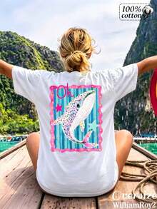 [Relaxed Fit] Women's  100% Double-Sided Print T-Shirt (Colorful Whale Pattern) - Casual, Short-Sleeve, Crew-Neck Tee; Suitable For Vacation - White - View 1