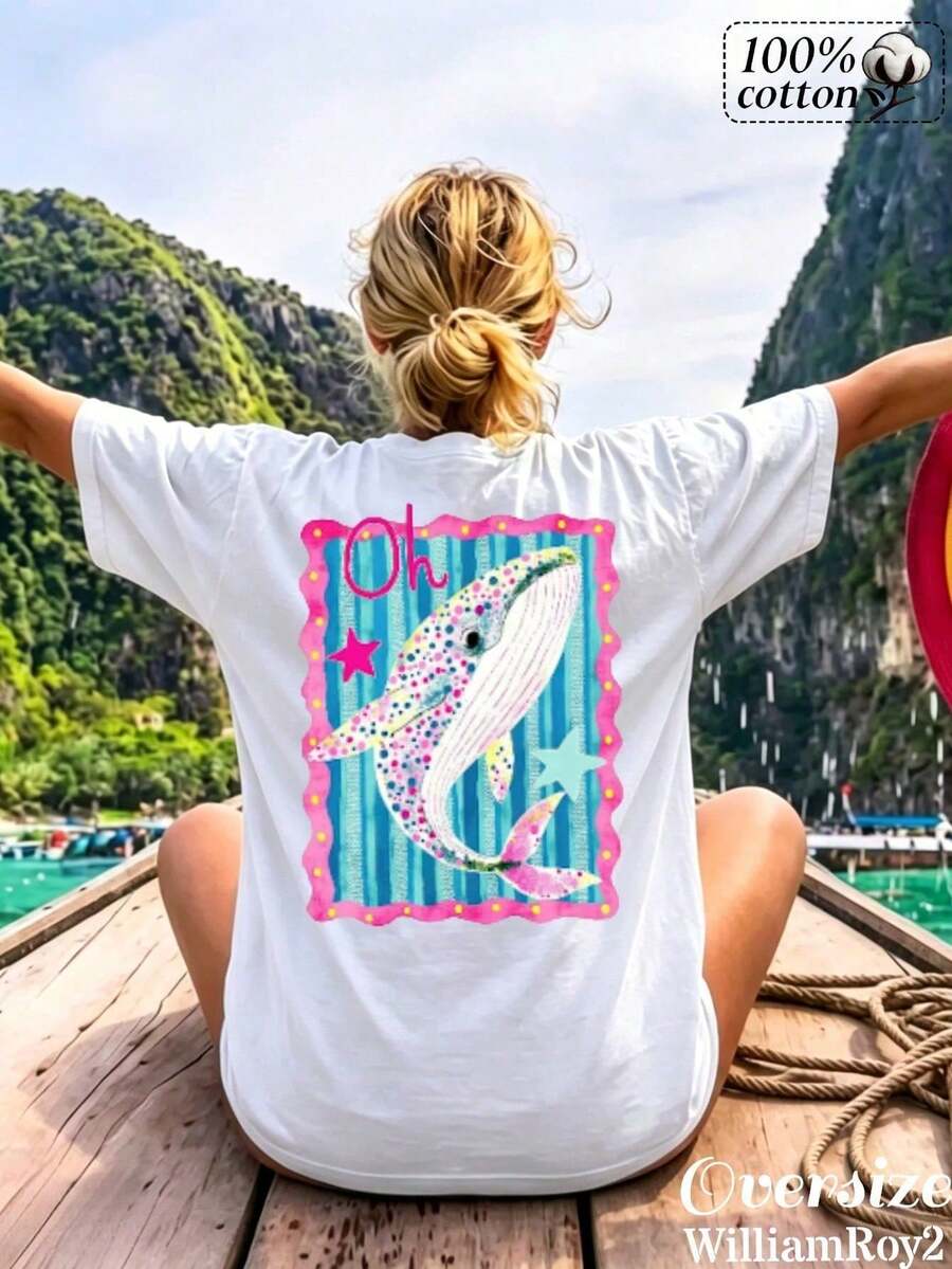 [Relaxed Fit] Women's  100% Double-Sided Print T-Shirt (Colorful Whale Pattern) - Casual, Short-Sleeve, Crew-Neck Tee; Suitable For Vacation - White - View 1