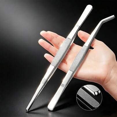 1pc/2pcs Stainless Steel Precision Tweezers, Straight & Curved Pointed Anti-Slip Serrated Tweezers, Aquarium Plant Jewelry Craft Lab Tool Set