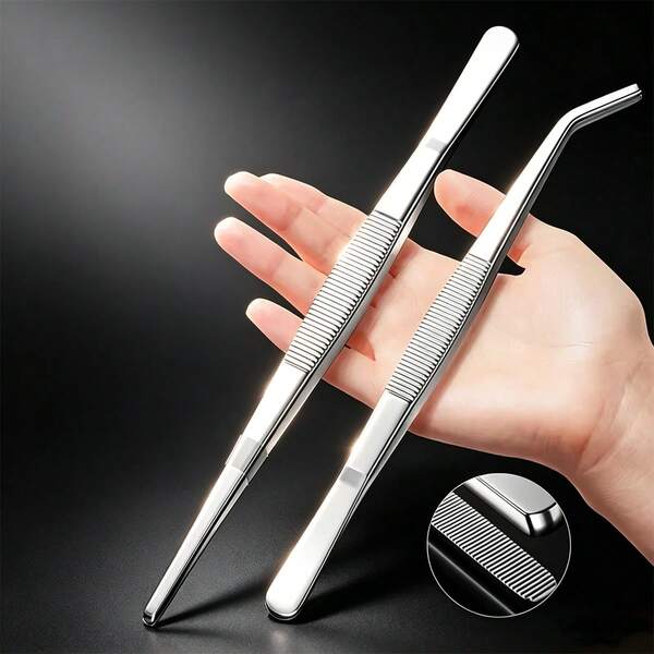 1pc/2pcs Stainless Steel Precision Tweezers, Straight & Curved Pointed Anti-Slip Serrated Tweezers, Aquarium Plant Jewelry Craft Lab Tool Set