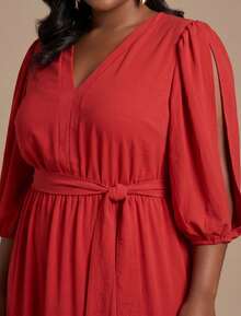 Women's Plus Size Long Dress Duna Flowy 3/4 Sleeve V-Neck Waist Tie Slit Ruffled Hem With Slit - 紅色 - 查看 3