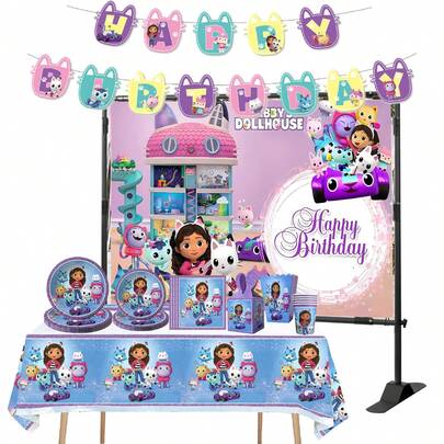 Universal Authorized 1Set Cartoon Popular Game Pink Purple Gabby Theme Party Disposable Tableware Set, Suitable For Birthday Celebration Packaging Box, Candy Box, Popcorn Box, Outdoor Activity Theme Party Photography Props Decoration Supplies Tableware Set Includes Tablecloth, Banner, Backdrop, Napkins, Cute Gabby Pattern Kitchen Restaurant Theme Party Tableware Decoration Supplies, Perfect Holiday Gift