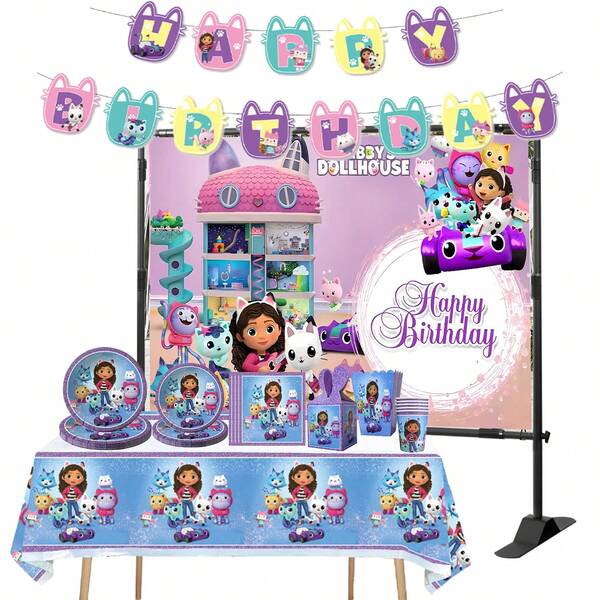 Universal Autorisiertes 1 Set Cartoon beliebtes Spiel Rosa Lila Gabby Thema Party Einweg-Geschirr Set, geeignet für Geburtstagsfeier Verpackungsbox, Süßigkeitenbox, Popcornbox, Outdoor-Aktivität Thema Party Fotografie Requisiten Dekorationszubehör Geschirr Set enthält Tischdecke, Banner, Hintergrund, Servietten, süßes Gabby Muster Küche Restaurant Thema Party Geschirr Dekorationszubehör, perfektes Urlaubsgeschenk