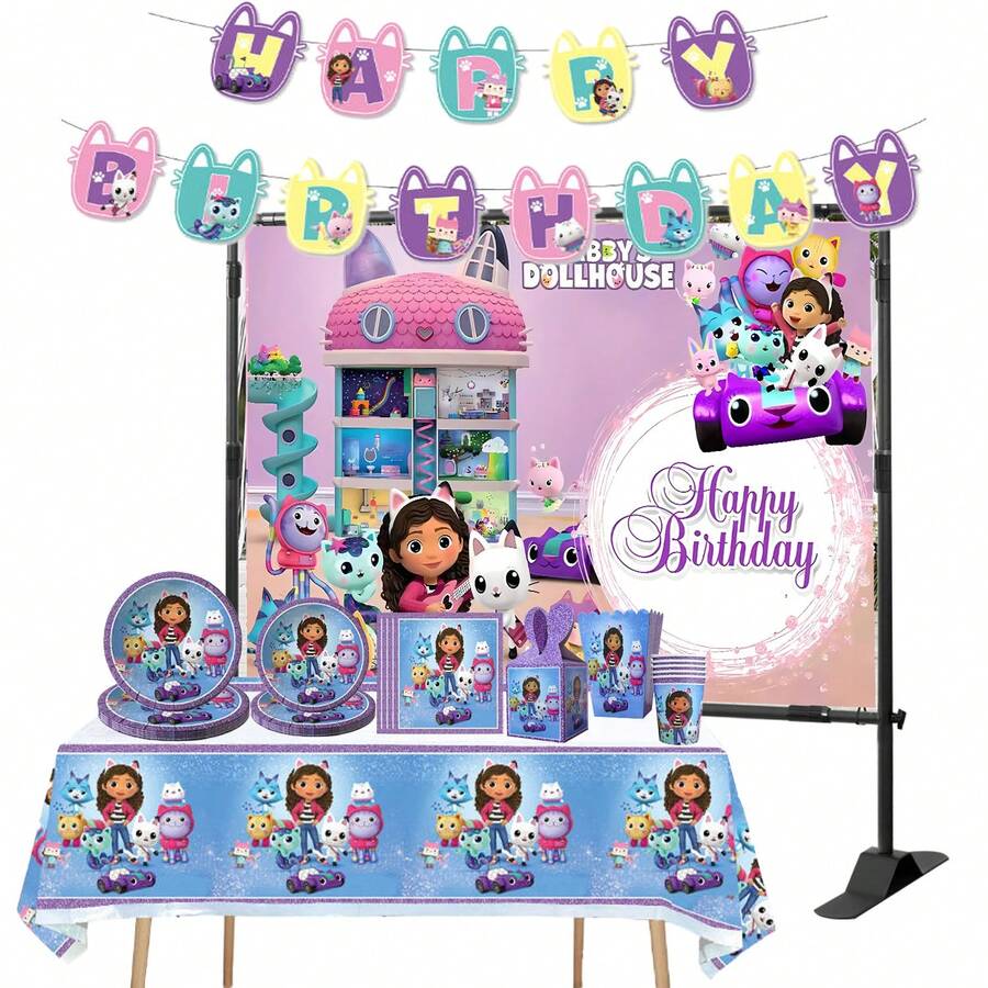 Universal Authorized 1 Set Cartoon Popular Game Pink & Purple Theme Party Disposable Tableware Set, Suitable For Birthday Celebration Packaging Box, Candy Box, Popcorn Box, Outdoor Activity Theme Party Photography Props Decoration Supplies, Tableware Set Includes Tablecloth, Banner, Backdrop, Napkins, Cute Pattern Kitchen & Restaurant Theme Party Tableware Decoration Supplies, Perfect Holiday Gift - Multicolor - View 1
