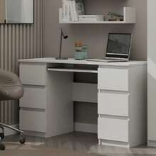 1 Piece Minimalist Double Chest Drawer Writing Desk, 130cm Wide Matte White Tabletop With Pull-Out Keyboard Tray, 3 Drawers On Both Sides Large Storage Space, For Bedroom Study Office, Computer Table, Makeup Vanity, Student Workbench - meja - View 4