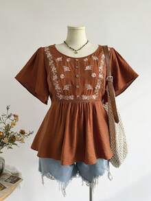 Rusttydustty Women's Brick Red Orange Round Neck Ruffle Sleeve Half-Button Embroidered Bohemian Casual Top, Suitable For Autumn And Halloween - Burnt Orange - View 1