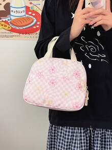 Mochila versátil de moda para mujer con bloques de color y estampado floral, doble correa, combinación de mochila y bolso escolar para estudiantes - Rosa - Ver 5