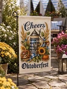 1件裝 Cheers Oktoberfest 亞麻園藝旗，巴伐利亞啤酒杯、蝴蝶酥、啤酒花、小麥、向日葵與南瓜印花戶外庭院旗，適用於門廊、草坪、露台、花園、德國啤酒節、秋季派對與農舍裝飾 - 多色2 - 查看 8