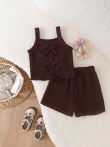 2pcs Set Atasan Camisole Longgar dan Celana Pendek untuk Bayi Perempuan, Model Tipis untuk Musim Panas - Coffee Brown - View 2