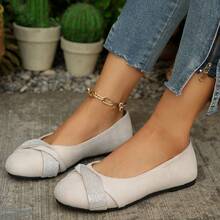 Women's Elegant Shiny Silver Rhinestone Decor Round Toe Slip-On Casual Shoes, Spring/Summer New Style, Versatile For Daily Wear - Beige - View 4
