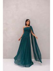 Long, One-Shoulder Party Dress In Dark Nude, Flowing Style, For Bridesmaids/Dates/Graduations/Guests. - Dark Green - View 2