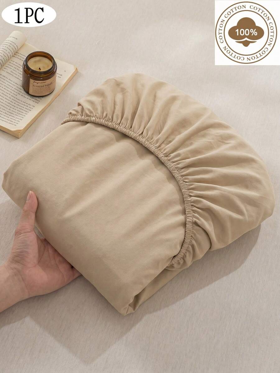 1 Peça Lençol de Elástico de Cor Sólida 100% Algodão Puro Marrom Claro, Capa de Colchão, Macio e Respirável. Adequado para Camas Solteiro, Casal, Queen e King. Bolso Profundo de Até 11,8 Polegadas. Ideal para Roupa de Cama Doméstica e de Dormitório - Caramelo - Visão 1