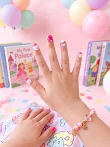24pcs Y2K Style (Cake Cream Lace, Bow, Star) Dopamine Design Elements Kids Girls Press-On Short Fake Nails, Cute Pre-Glued Full Coverage Acrylic Nail Tips Set, Suitable For Children Girls Nail Decoration - Multicolor - View 3