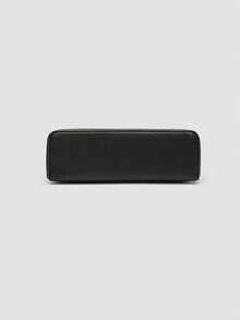 Black Lychee Textured PU Mini Box Handbag With Slim Top Handle And Detachable Spaghetti Strap With Double Handles. Compact Rectangular Cosmetic Bag With Silver Double Zipper Design. Ideal For Minimalist Professional Women, Perfect For Commuting, Dating, Weekend Shopping And Daily Outings. - Black - View 5