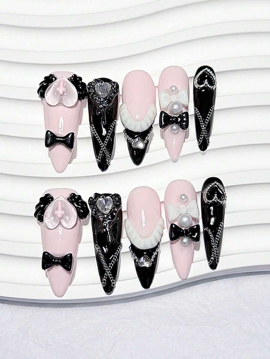 10pcs Y2K Cute Black & Pink Bow Polka Dot Detachable Reusable Nail Art Stickers (1 Sheet Jelly Stickers + 1 Nail File) Handmade Press On Nails - Multicolor - View 1