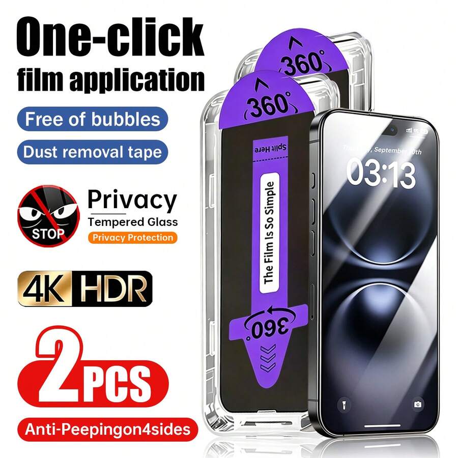 2片裝 360°全隱私防塵玻璃螢幕保護貼,適用 17/17 Air/17 Pro Max/16 Pro Max/16 Pro/16 Plus/15/14/13/12/11,自動安裝防窺膜 - 黑色 - 查看 1