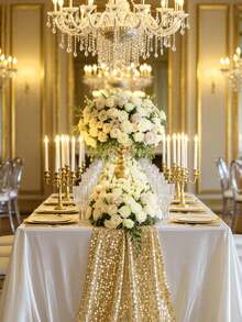 Gold Sequin Table Runner & Tablecloth Set - Shiny Gold Wedding, Banquet, Party Decor - Square Tablecloth With Tassel Edge (Fabric) Suitable For Centerpiece, Dining Table, Special Events - Multicolor - View 2