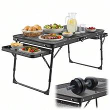 Portable Folding Outdoor Table With Extended Panels, Lightweight Sturdy Grid Top For Camping Beach BBQ - Black - View 1