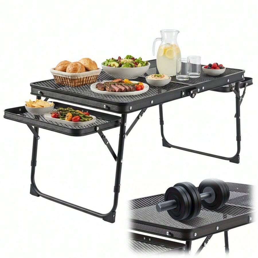 Portable Folding Outdoor Table With Extended Panels, Lightweight Sturdy Grid Top For Camping Beach BBQ - Black - View 1