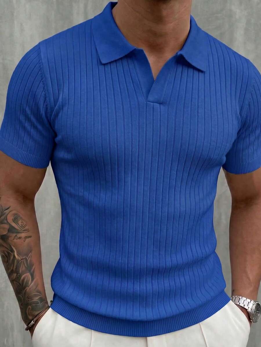 Camisa polo de manga corta de punto acanalado clásico para hombre, unicolor, adecuada para salidas de verano, esencial de moda