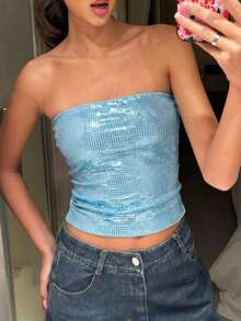 DOUCIU 熱辣女孩金箔修身抹胸上衣，性感夜店風 - 藍色 - 查看 4