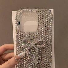1 buah Casing Ponsel Mewah Berkilau dengan Hiasan Berlian Imitasi dan Pita, Kompatibel dengan iPhone 17 16 15 14 13 12 11 Pro Max Plus, Pelindung Lensa, Penutup Belakang Lembut, Tahan Air, Tahan Guncangan, Anti Jatuh, Anti Gores - Perak - View 2