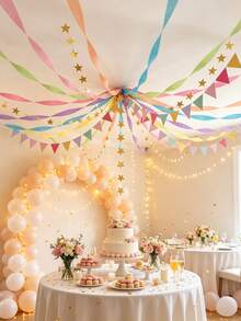 1 Set Macaron Color Ceiling Decoration, Hanging Rainbow Party Decoration Set - Crepe Paper Tassel Ribbon Triangle Flag Banner Gold Star Garland Background Decoration, Suitable For Birthday, Wedding, Colorful Party Decoration And DIY Crafts - Multicolor - View 3