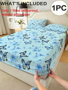 1PC Colorful Floral And Butterfly Pattern Fitted Mattress Protector (Fitted Sheet Only, No Pillowcase), Soft And Comfortable 100% Polyester Fabric, Suitable For Bedroom, Guest Room, School Dorm Bedding, Available Sizes: King, Queen, Full, Twin. Easy To Remove And Machine Washable All-Season Mattress Protector. Modern Minimalist Washable Home Bedding - Multicolor - View 2
