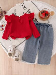 Baby Girl Spring/Autumn 2-Piece Set, Red Textured Ruffle Flutter Sleeve T-Shirt Pullover Top + 3D Red Bow Decor Denim Long Pants, Casual Daily Outfit - Red - View 3