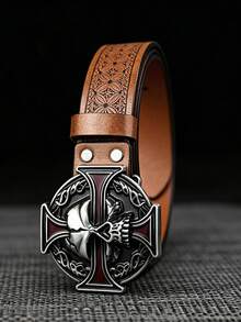 1pc Unisex Western Style Belt, Vintage Design, Personalized Fashion Alloy Buckle, 1.46in/3.7cm Wide Embossed Belt, Length Adjustable, Perfect Gift For Western Cowboy - Multicolor - View 3
