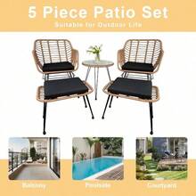 5pcs Rattan Patio Furniture Set With Glass Table Modern Garden Bistro Set With Cushions, Lounge Chairs And Ottomans For Balcony, Backyard, Outdoor Tea Time, Black Cushion, Rust-Resistant Frame - Grey - View 9