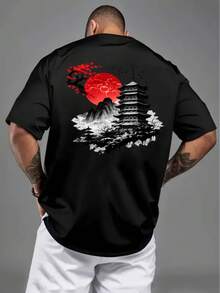 [Comfortable|Loose] Comfortable Loose Japanese Style T-Shirt | Red Sun Landscape Tower Pattern | Traditional Architecture Cherry Blossom Mountain View - 黑色 - 查看 2