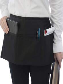 1pc 3-Pocket Black Server Apron, Short Half-Body Waist Apron For Catering Work Uniform - Multicolor - View 11