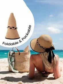Women's Wide Brim Straw Hat, Comes With Adjustable Chin Strap Windproof Rope, Summer Large Brim Sun Hat, Rollable Portable Design Beach Hat, Lightweight Suitable For Swimming, Outdoor, Travel - A - View 7