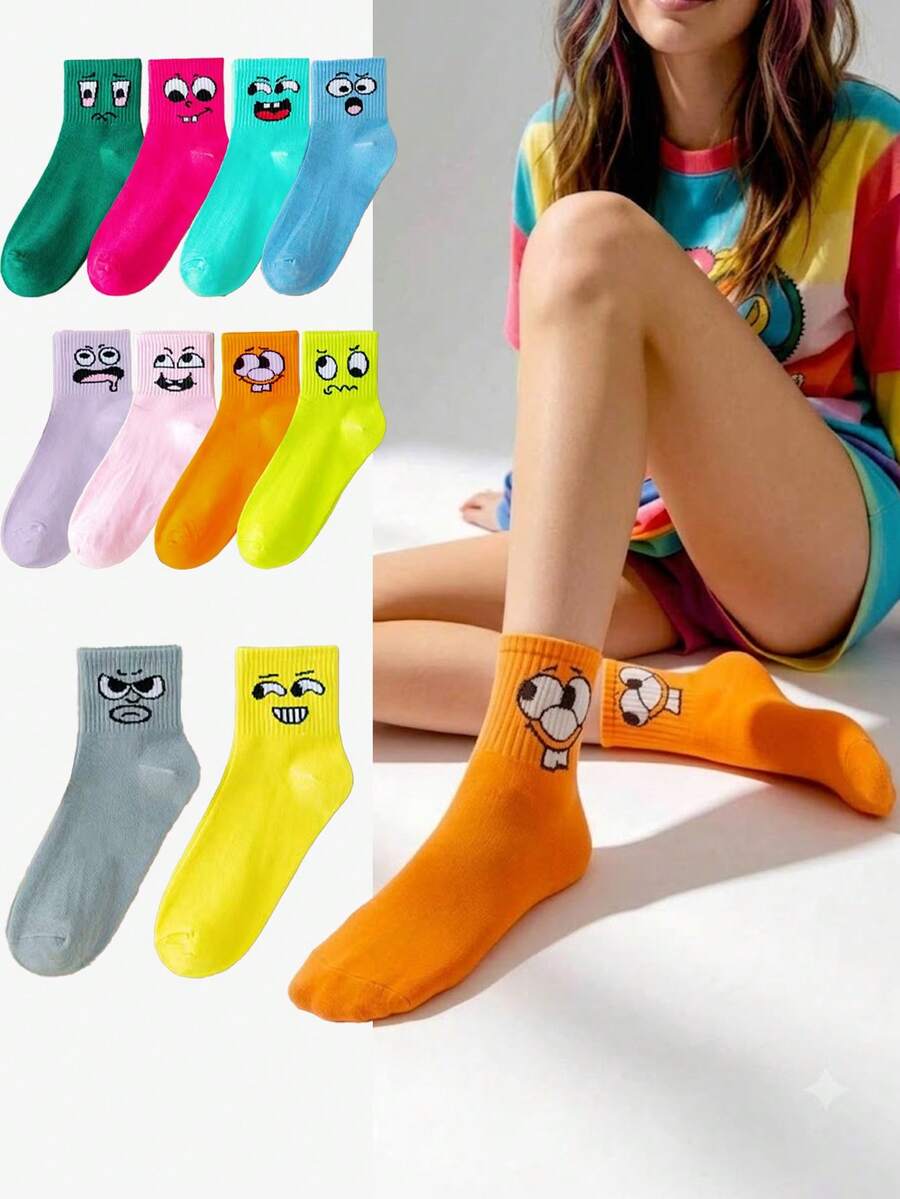 1/3/5/10 Pairs Random Style Women's Mid-Calf Socks, Spring/Summer Cute Cartoon Pattern, Comfortable Fashionable Personalized Socks - Multicolor - View 1