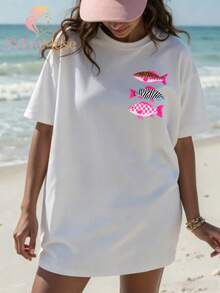 Women's Loose Fit"Leopard Zebra Pattern Fish"Printing T Shirt,Bohemian Lakeside Fishing Summer Aesthetics,Autumn Outfits,Suitable For Concerts,Vacatio - 白色 2 - 查看 3