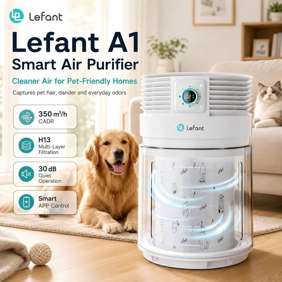 Purificatore d'aria intelligente Lefant A1 per animali domestici, CADR 350 m³/h, filtro H13, silenzioso (30 dB), controllo tramite app, design antiribaltamento, ideale per camera da letto, soggiorno e ufficio. - A1/Standard europeo (bianco) - Visualizzare 1