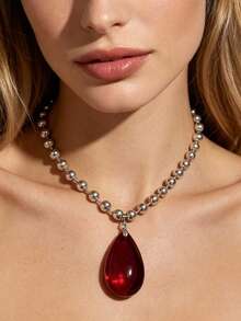 1pc Silver-Tone Premium Large Raindrop Pendant Necklace For Women, Suitable For Daily Wear, Casual Vacation Jewelry - Large Water Droplet - View 7
