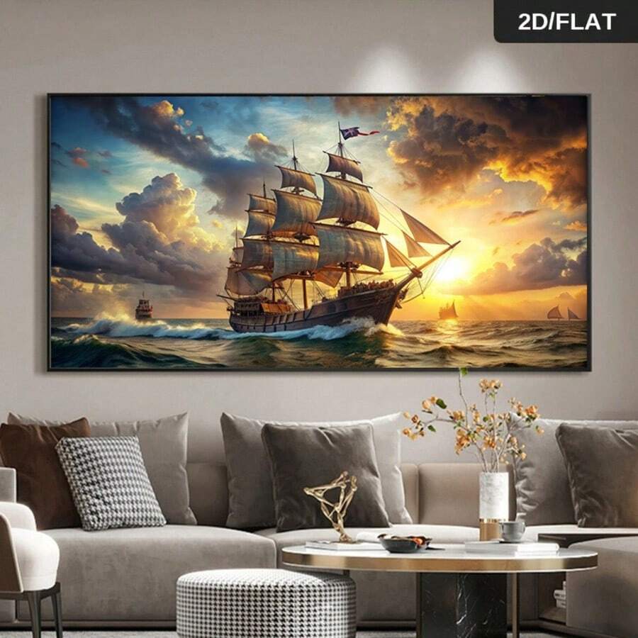 2D Flat, 2D Flat 1 Stück rahmenlose moderne abstrakte Piratenschiff segelt in den Sonnenuntergang Leinwand Wandkunst Poster - lebendiges nautisches Gemälde für Wohnzimmer & Schlafzimmer Dekoration, hochwertiger Muster, elegantes zeitgenössisches Design, nautische Dekoration, 2D Flat - Entwurf 01 - Übersicht 1