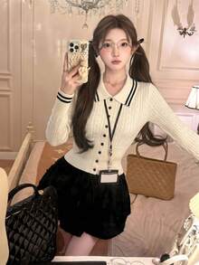 秋冬女款韓式休閒撞色條紋領針織開襟衫，紋理修身長袖上衣，百搭優雅秋季款 - 杏色 - 查看 3