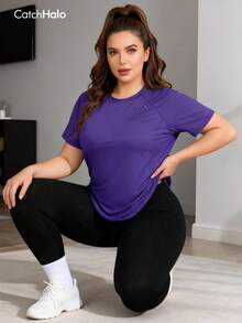 Plus Size Women Purple Raglan Sleeve Short Fitness Top Summer Sports - Violet Purple - View 6